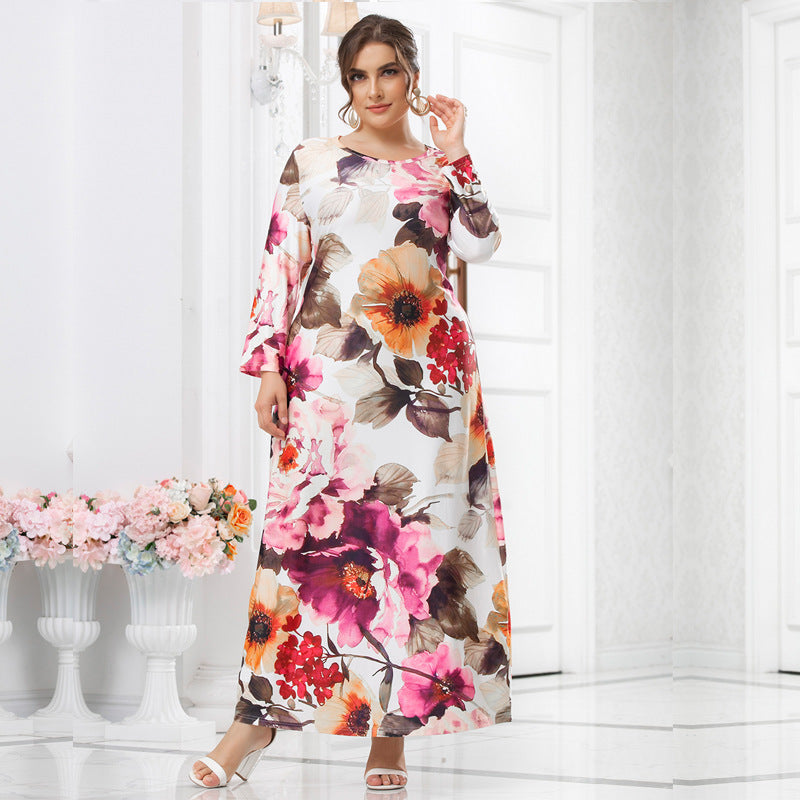 Wholesale Plus Size Women'S Clothing Long-Sleeved Round Neck Print Slim Temperament Maxi Dress