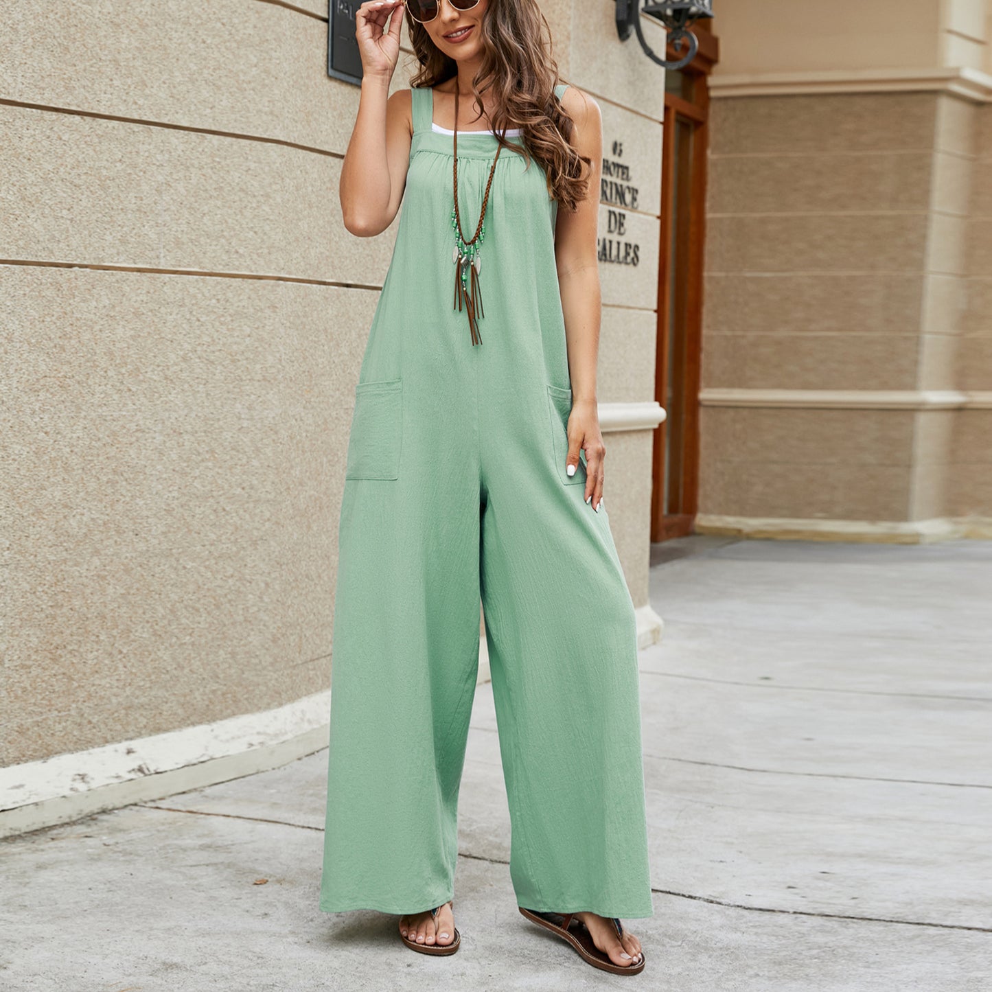 Solid Color Casual Long Loose Overalls Pockets Wholesale Jumpsuits