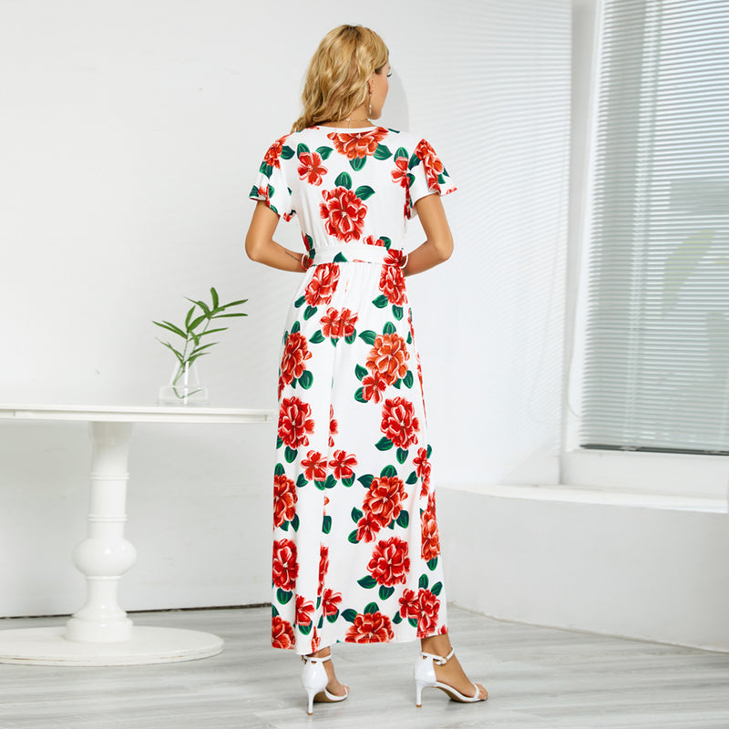 Fashion Slim Short-Sleeved V-Neck Rose Print Maxi Dress Wholesale Dresses
