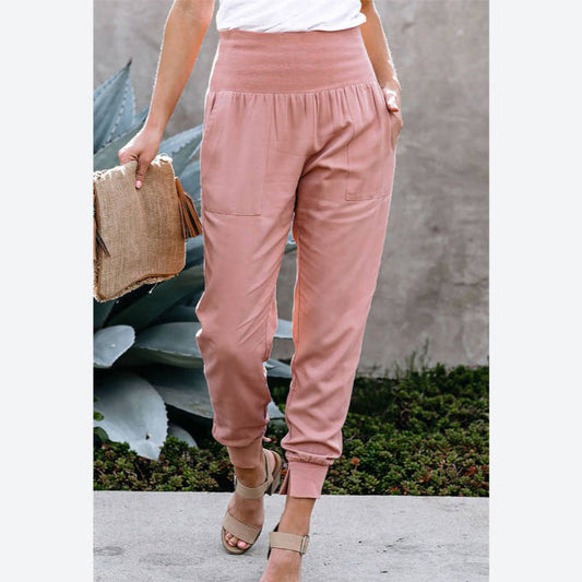 Elastic Waist Cropped Slim Fit Slit Linen Trousers Wholesale Women Pants