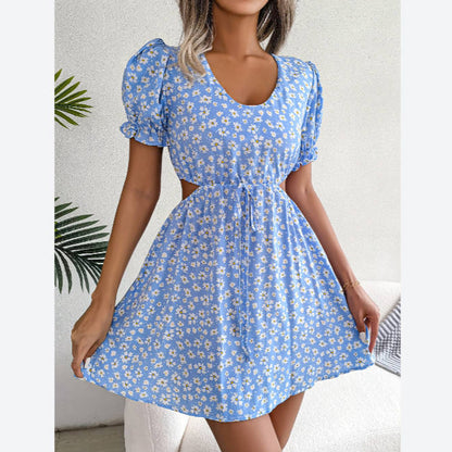 Casual Hollow Tie Short-Sleeve Floral Dress Wholesale Dresses