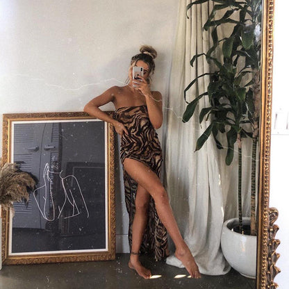 Slanted Shoulder Tiger Print Sling High Slit Tight Dress Sexy Wholesale Maxi Dresses