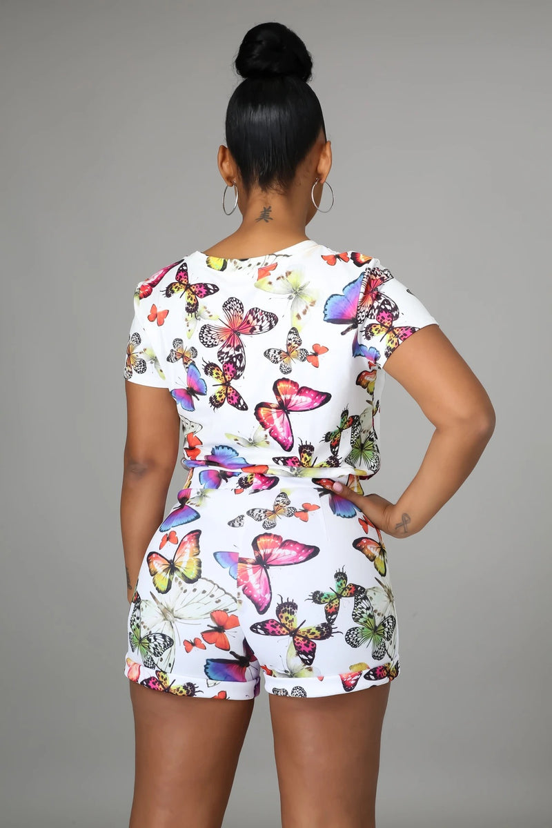 Butterfly Print Short-Sleeve T-Shirt & Shorts Wholesale Women'S 2 Piece Sets