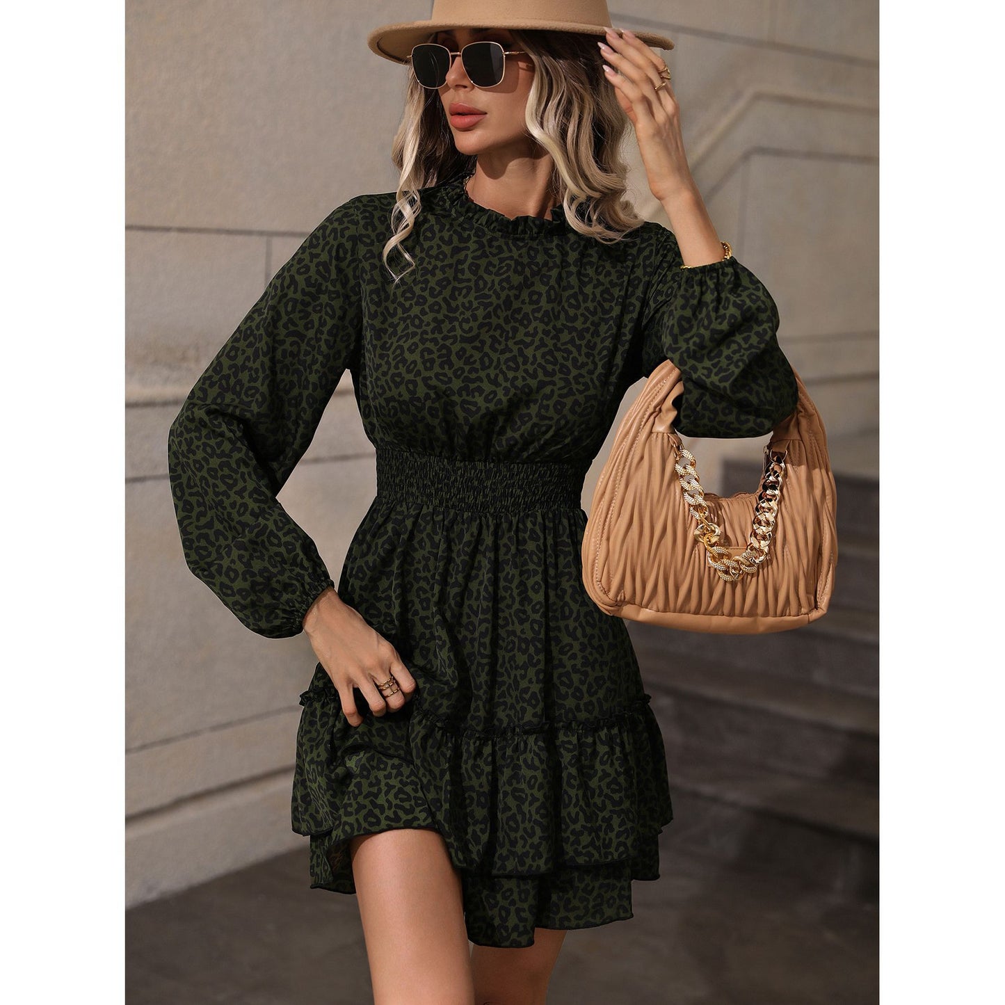 Leopard Print Stand Collar Long-Sleeve Waist Ruffled Dress Wholesale Dresses