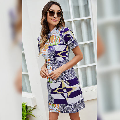 Summer Fashion Printed Short Sleeve Pullover Wholesale Ladies Shirt Dress Casual