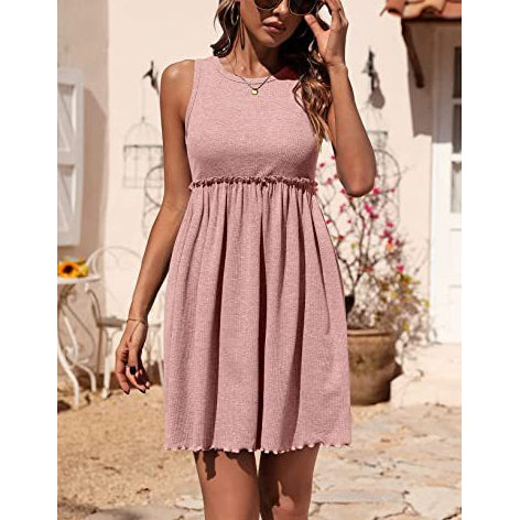 Solid Color Crew Neck High Waist Agaric Laces Sundresses Pleated Tank Dress Casual Wholesale Dresses