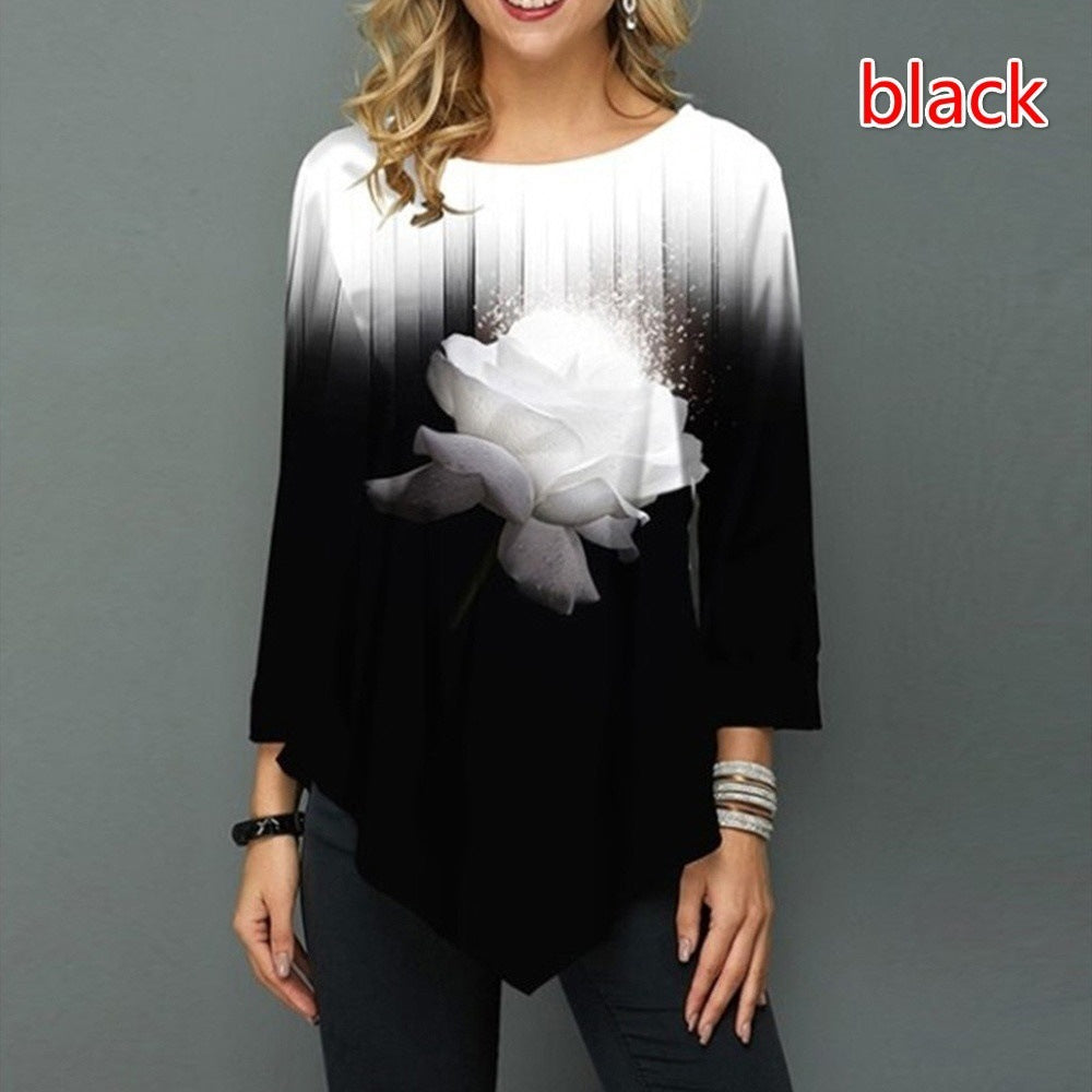 Fashion Print Tops Casual Three-Quarter Sleeve Loose Round Neck Womens T Shirts Wholesale