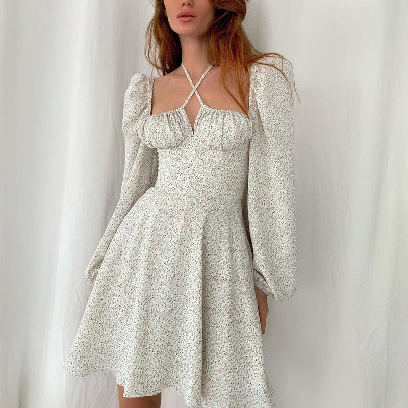 Elegant Puff Sleeve Long-Sleeved Floral Halter Neck Mini Dress Wholesale Dresses