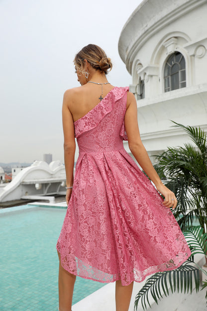 Slanted Shoulder Solid Color Lace Ruffles Swing Evening Dress Elegant Wholesale Dresses