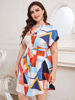 Fashion V Neck Colorful Dress Short Sleeve Dresses Loose Lace-Up Wholesale Plus Size Clothing