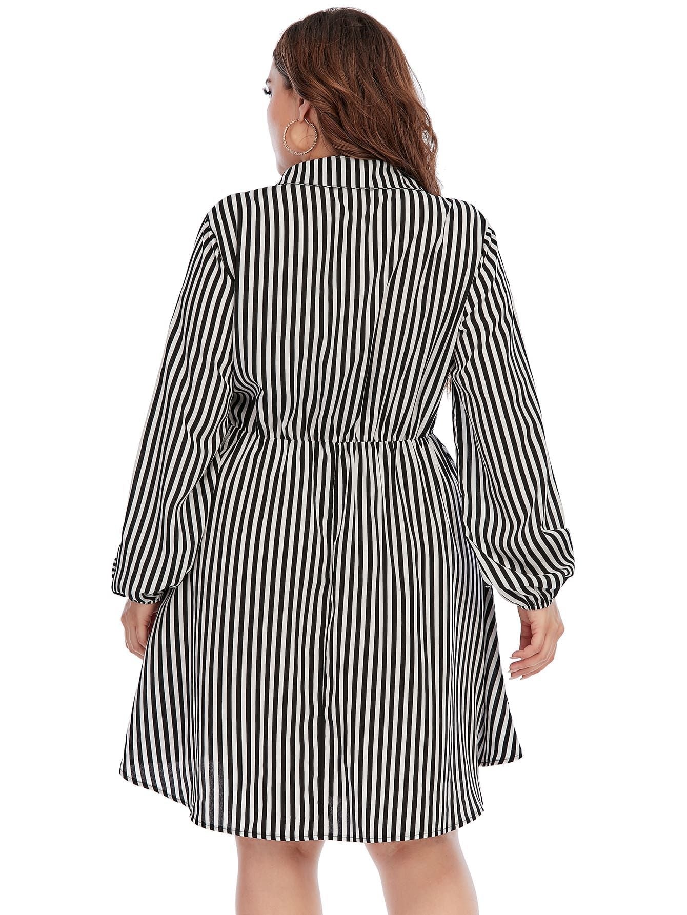 Fashion V Neck Striped Swing Dress Elastic Waist Dresses Long Sleeve Loose Wholesale Plus Size Clothing