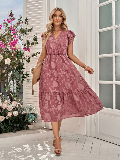 Casual V-Neck Ruffled Sleeve Floral Smocked Dress Wholesale Dresses