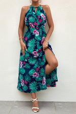 Hawaiian Style Print Sleeveless Tie-Waist Halterneck Slit Resort Dress Wholesale Maxi Dresses