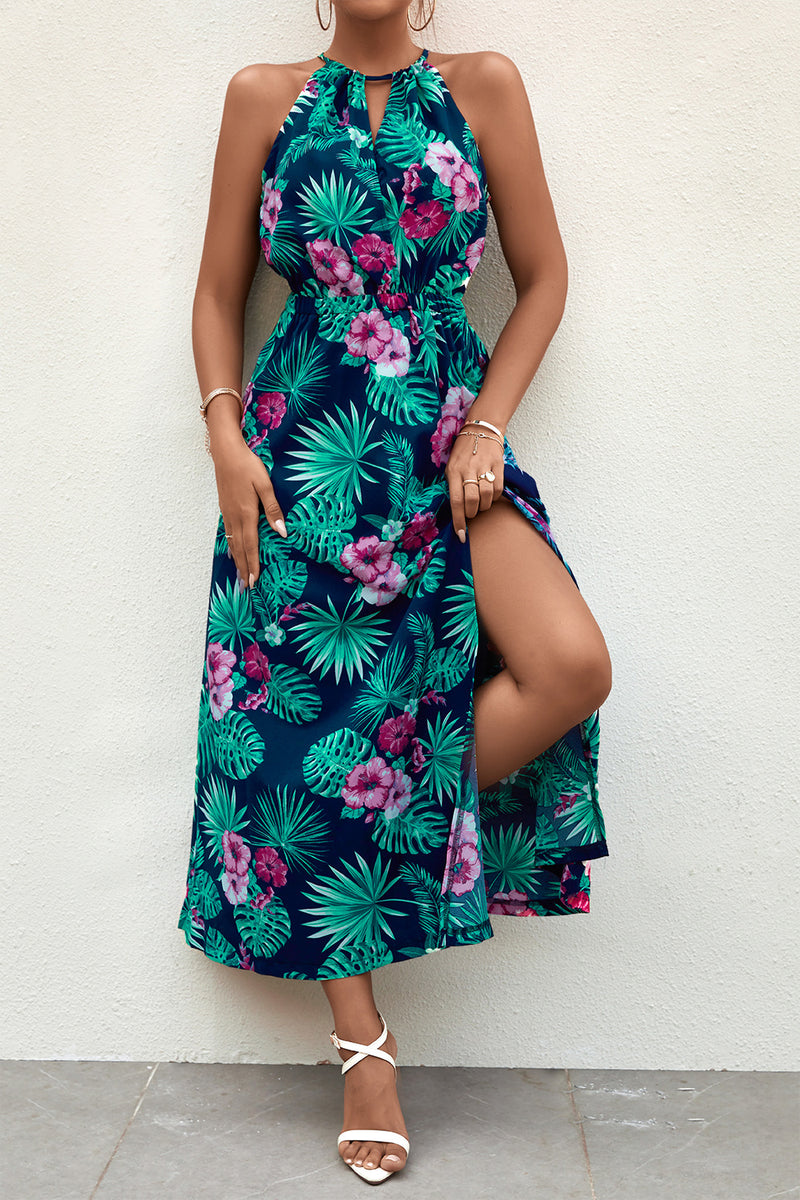 Hawaiian Style Print Sleeveless Tie-Waist Halterneck Slit Resort Dress Wholesale Maxi Dresses