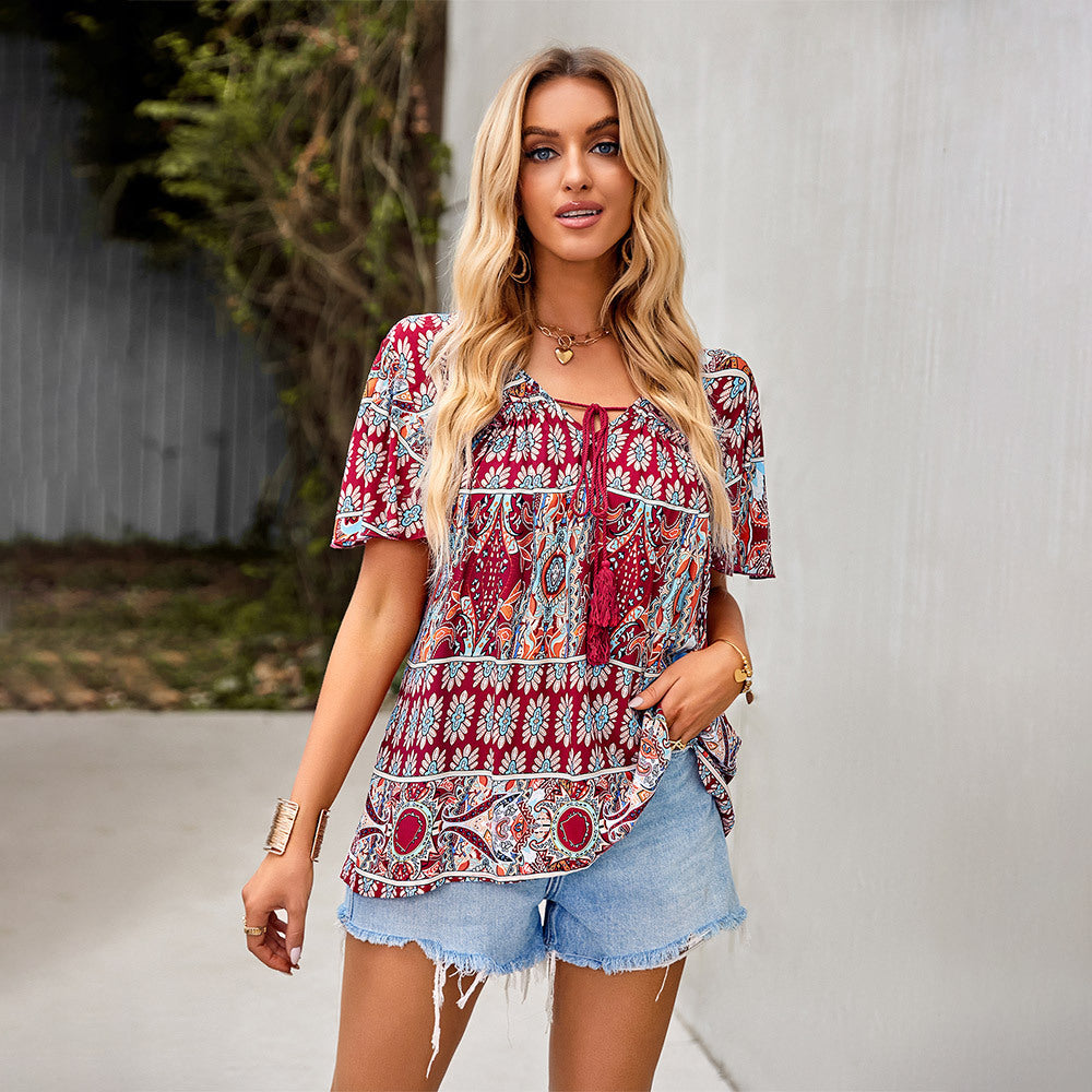 Causal Print V Neck Tops Short Sleeve Lace Up Wholesale Boho Clothing