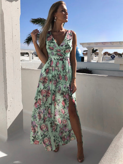 Vacation Sleeveless Chiffon Slit Flowy Floral Dress Wholesale Maxi Dresses