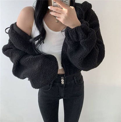 All-Match Simple Casual Loose Warm Thickened Short Hooded Jacket Wholesale Women Top