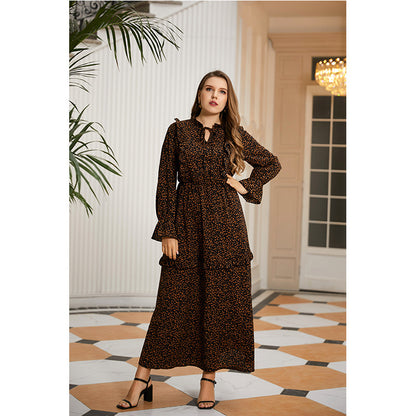 Leopard Print Long Sleeve Curvy Maxi Dresses Wholesale Plus Size Clothing