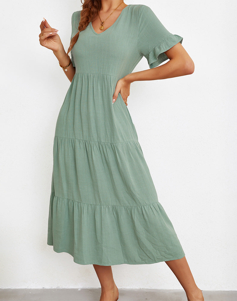 Fashion Loose V-Neck Swing Dress Solid Color Short Sleeve Wholesale Dresses