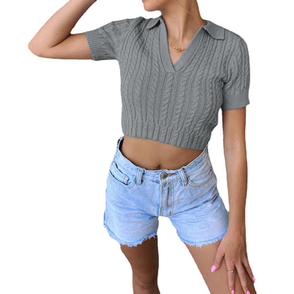 Casual V Neck Solid Color Short Sleeve Slim Short Wholesale Sweater