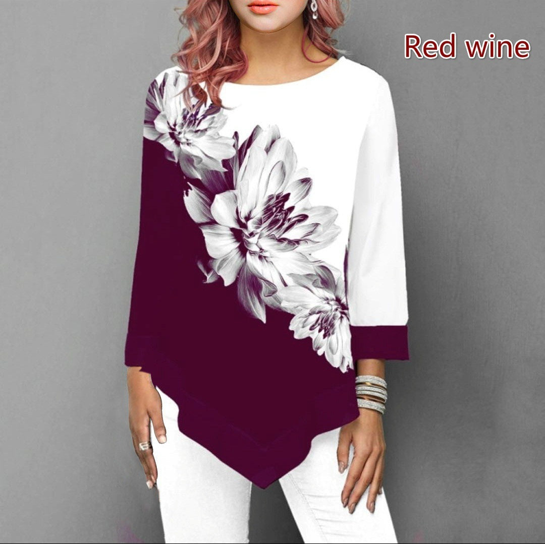 Fashion Print Tops Casual Three-Quarter Sleeve Loose Round Neck Womens T Shirts Wholesale