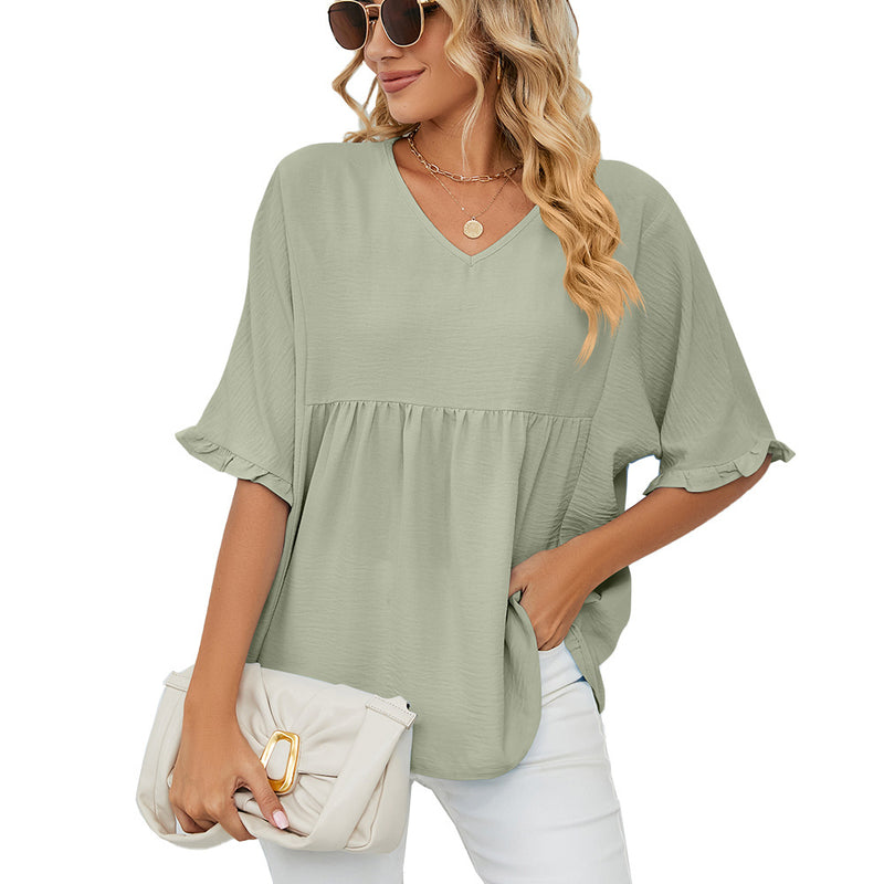 Solid Color V-Neck Loose Gathered Stitching Chiffon T-Shirts Wholesale Womens Tops