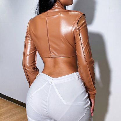 Fashion Solid Color Women'S Long-Sleeved Zipper PU Jacket Ultra-Short Wholesale Crop Tops