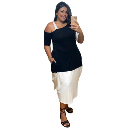 Off Shoulders Colorblock Sling Women Curvy Dresses Wholesale Plus Size Clothing