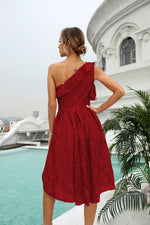 Slanted Shoulder Solid Color Lace Ruffles Swing Evening Dress Elegant Wholesale Dresses