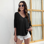 V-Neck Solid Color Lantern Sleeve Loose Pleated Womens Tops Casual Wholesale T Shirts