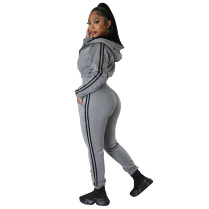 Solid Color Hooded Jacket & Trousers Tracksuits Wholesale Women'S 2 Piece Sets