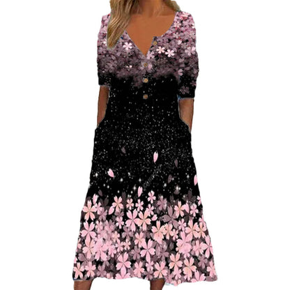 Short Sleeve V Neck Floral Print Button Wholesale Swing Dresses With Pockets For Summer