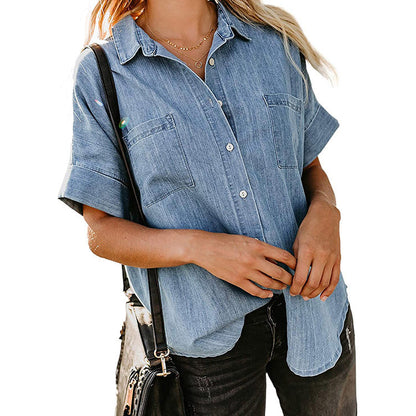 Loose Double Pocket Short Sleeve Casual Denim Shirt Wholesale Womens Tops