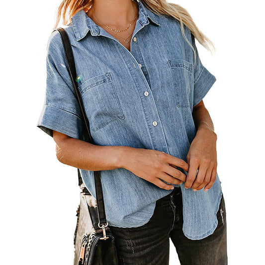 Loose Double Pocket Short Sleeve Casual Denim Shirt Wholesale Womens Tops