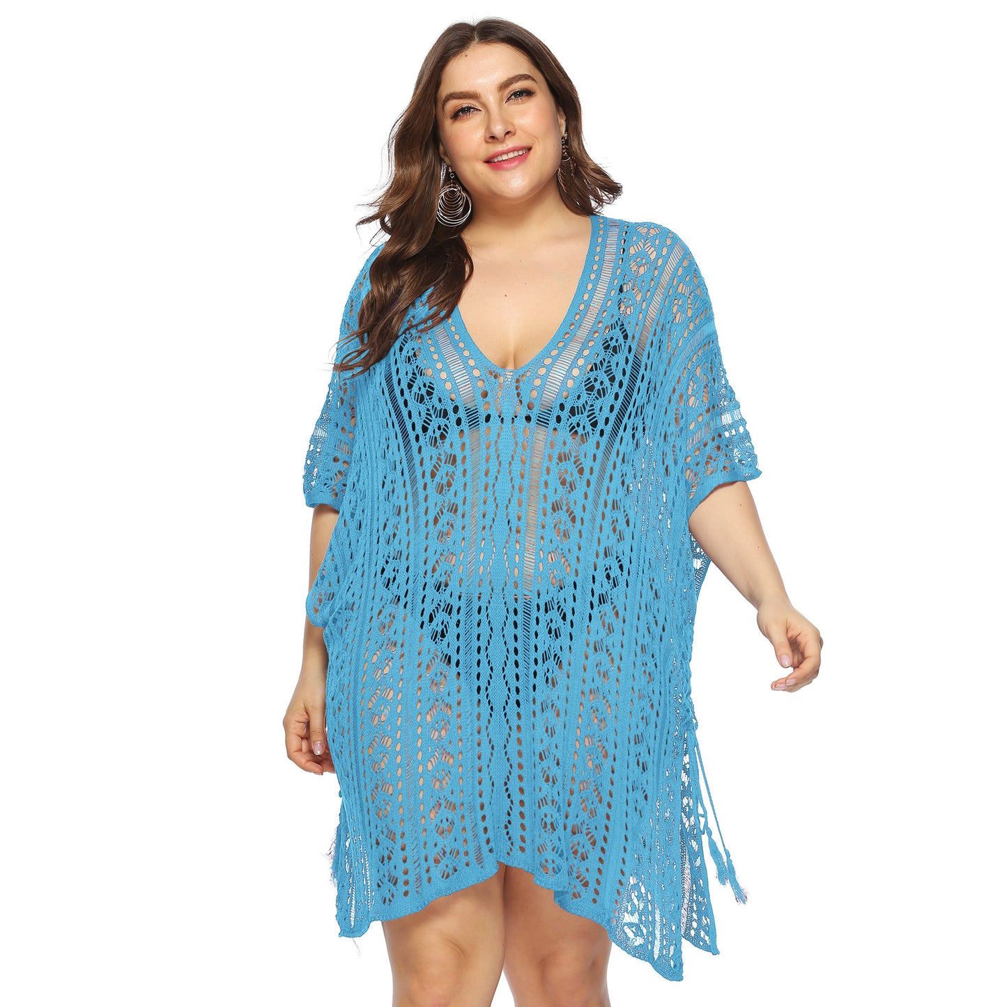 Sexy Cutout Knitted Bikini Cover Up V-Neck Slit Beachwear Curve Dresses Wholesale Plus Size Clothing