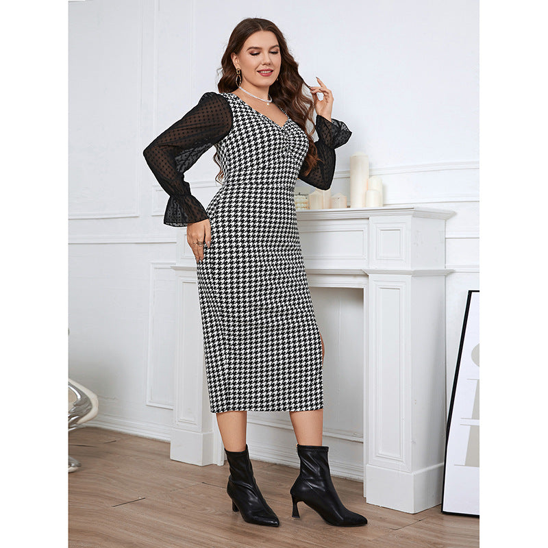 Wholesale Plus Size Women Clothing Skinny See-Through Petal Sleeve Plaid Slit V-Neck Midi Dress
