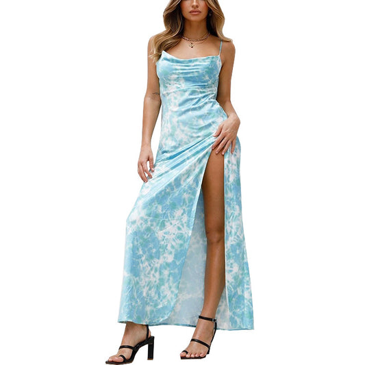 Tie Dye Print Suspender Milk Silk Dress Sexy Slit Backless Dress Wholesale Maxi Dresses Vacation