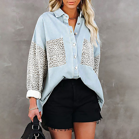 Leopard Print Long Sleeve Denim Shirts With Pocket Lapel Women'S Top Casual Wholesale Blouse