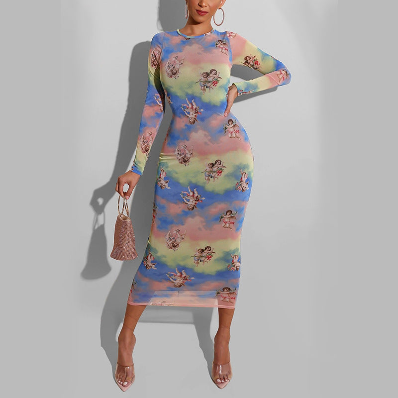 Round-Neck Long-Sleeved Bodycon Mesh Printed Midi Dress Wholesale Dresses