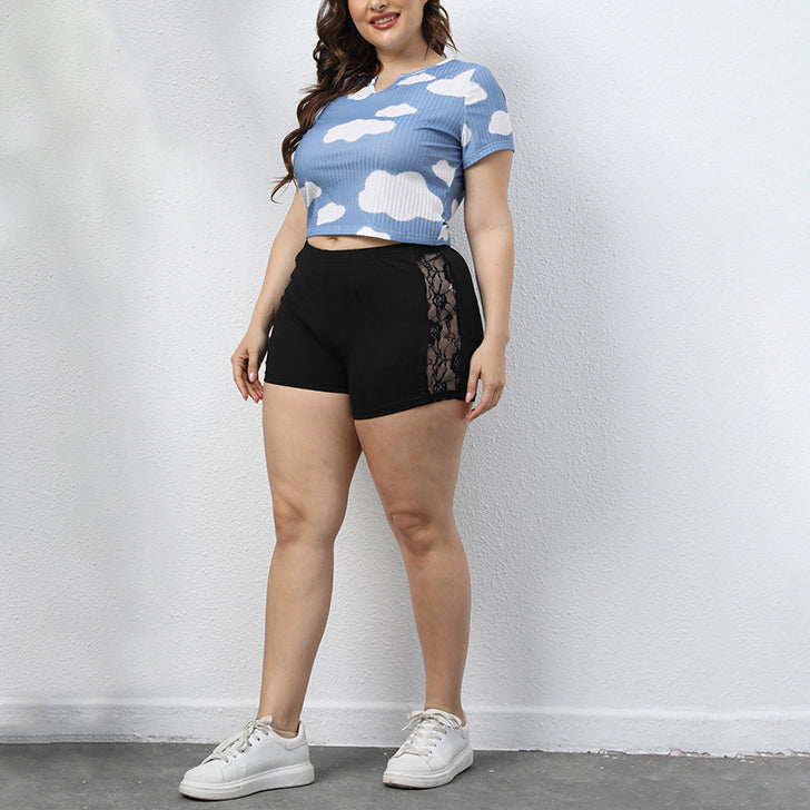 Wholesale Women'S Plus Size Clothing Ribbed Cloud Print Slim Fit Short Sleeve T-Shirt Crop Tops