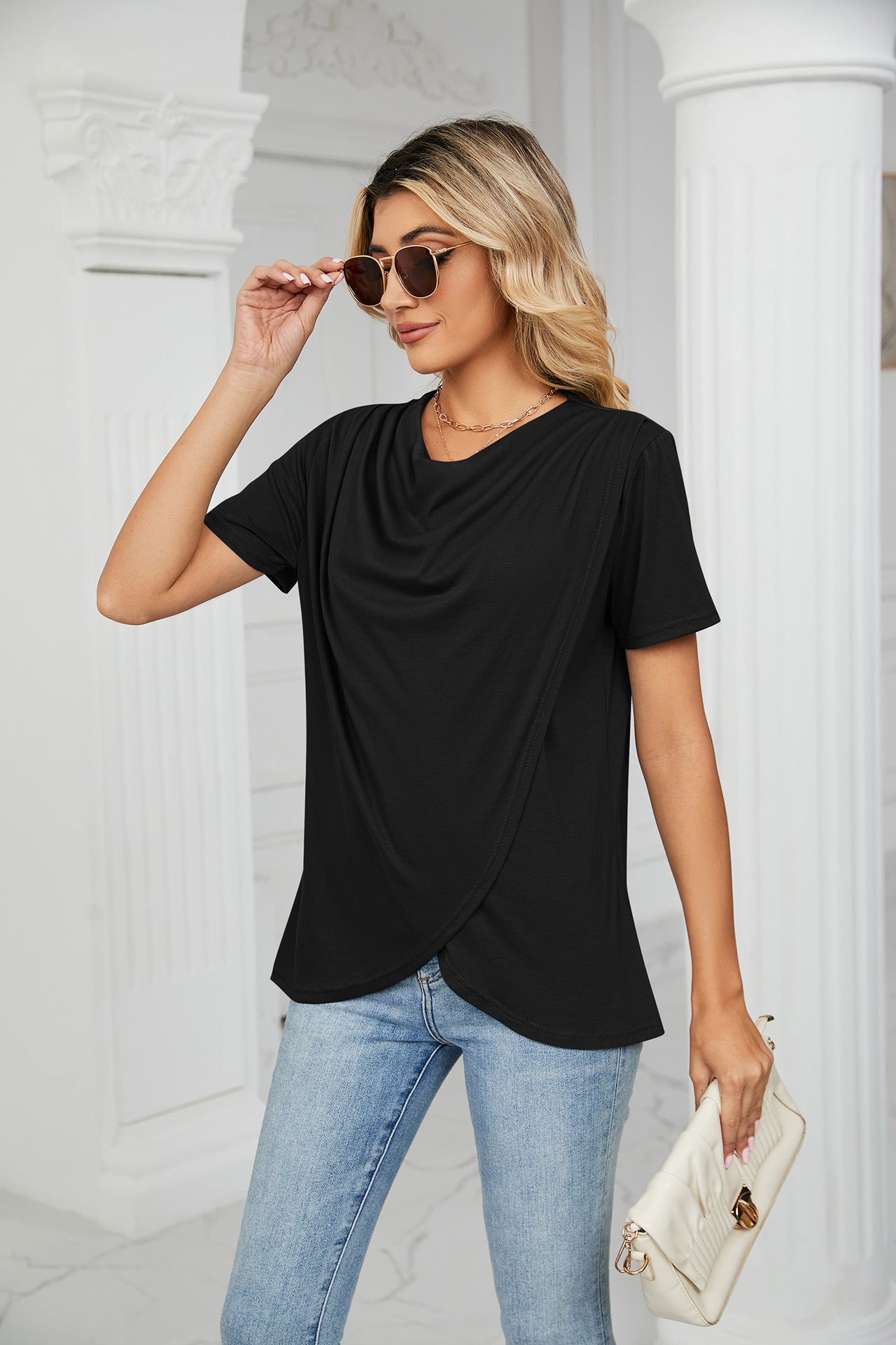 Solid Color Round Neck Cross Short-Sleeved T-Shirts Wholesale Womens Tops