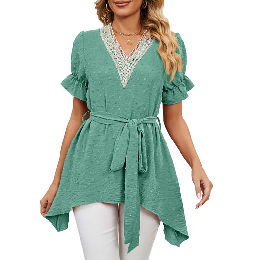 Solid Color Jacquard V-Neck Loose Chiffon Tunic Top Wholesale Womens Tops