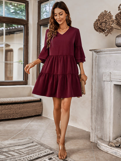 Fashion V-Neck Trumpet Sleeve Solid Color Loose A-Line Dress Wholesale Dresses