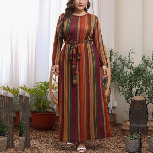 Fashion Striped Lace-Up Maxi Dress Loose Long Sleeve Plus Size Wholesale Dresses