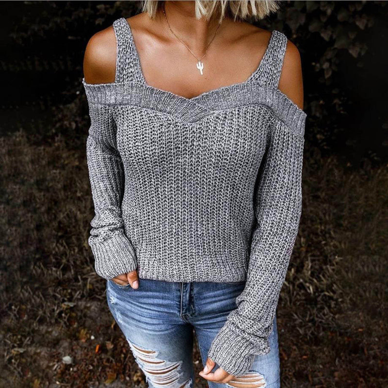 Knitted Loose Casual Solid Off the Shoulder Sling Long Sleeve Sweater Wholesale Women Clothing