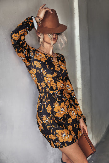 Floral Print Hollow Long Sleeve Bodycon Dress Wholesale Dresses