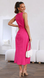Sexy Waist Cutout Solid Color Pleated Midi Dress Sleeveless O Neck Slit Slim Wholesale Dresses