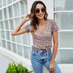 Summer Casual V-Neck Print T Shirt Elastic Slim Short Sleeve Smocked Wholesale Crop Tops