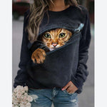 Casual Loose 3D Zipper Cat Print Tops Long Sleeve Round Neck Sweatshirt Wholesale Clothing For Women