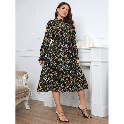 Wholesale Plus Size Women Clothing Commuter Tie Round Neck Floral Lace Long-Sleeved Midi Dress